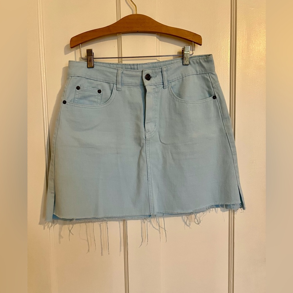Light Blue Denim Skirt with Frayed Hem